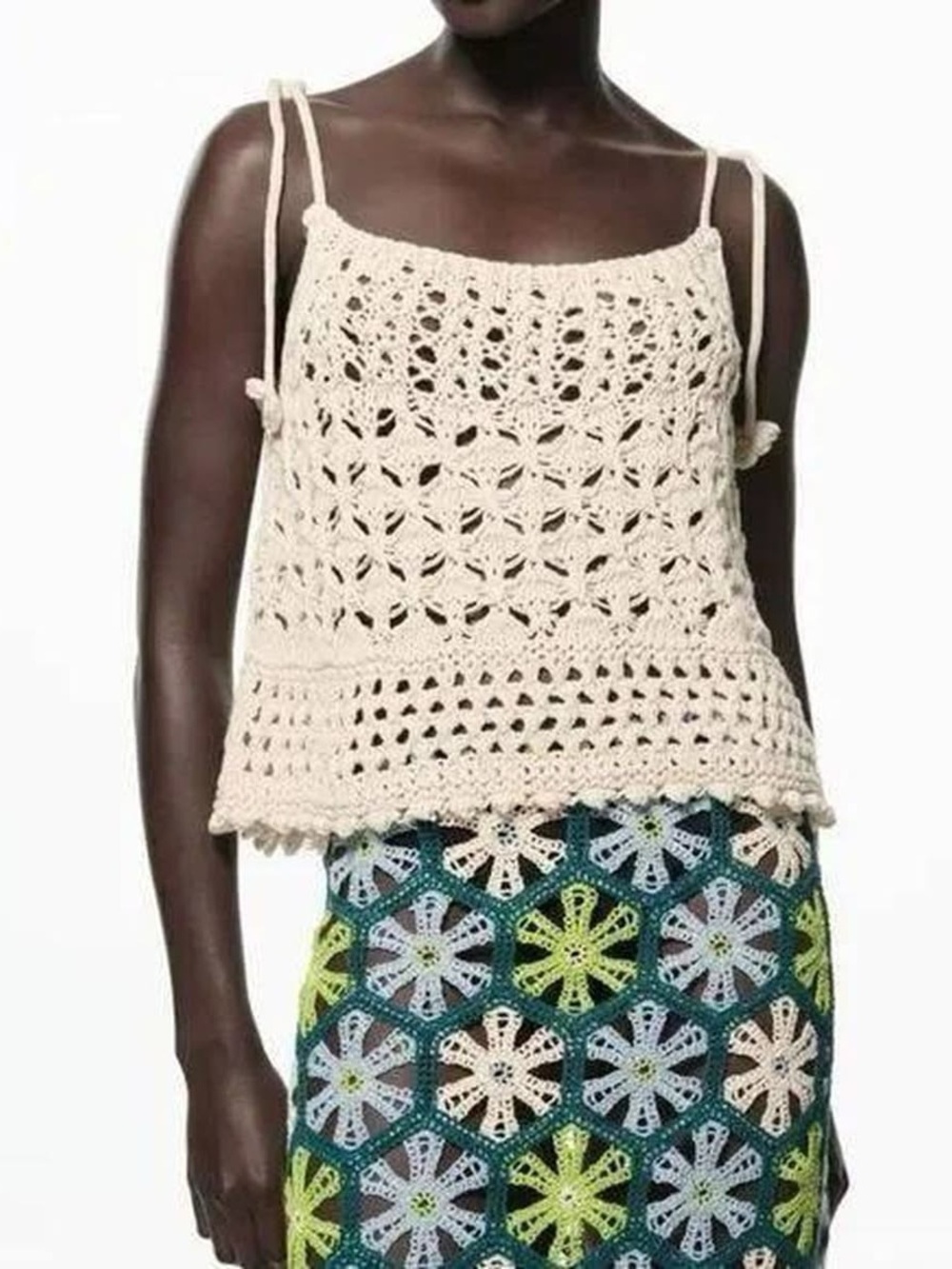 Zara Ecru Crochet Knit Top Decorative Strap Boho Beach Festival Size M
